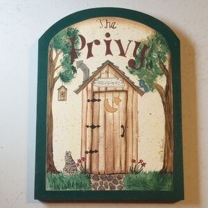 Handmade Wood Bathroom Privy Decor w/ Outhouse, Cat & Bird. Green Tan Brown Blue